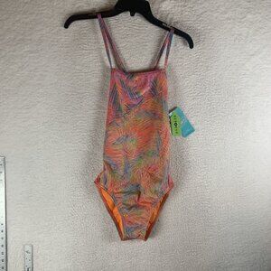 Speedo One Piece Swimsuit Women's 32 Orange Printed‎ Polyester Tie Back S9818